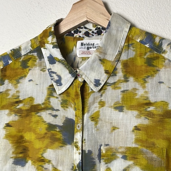 Anthropologie X Holding Horses Abstract Boho Hi-Low Ruffle Hem Roll Tab Blouse - Picture 3 of 9